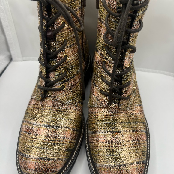 TORY BURCH MILLER 50MM LUG SOLE BOOT ROSEGOLD METALLIC TWEED BROWN LOGO - Picture 6 of 12